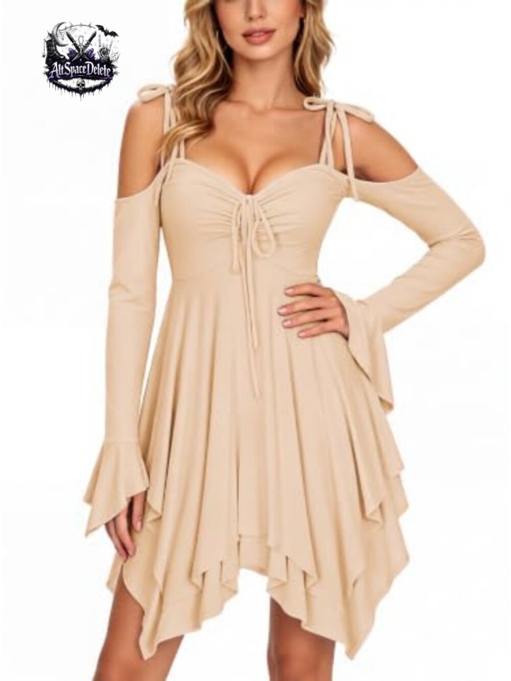 Tie Shoulder Flare Sleeve Renaissance Witch Fairy Dress